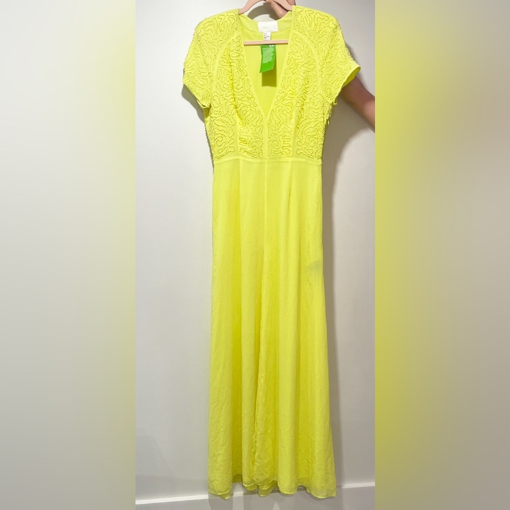 H&M Conscious Collection Beaded Yellow-Green Chiffon Maxi Dress Women’s Sz 8 NWT - Picture 2 of 13